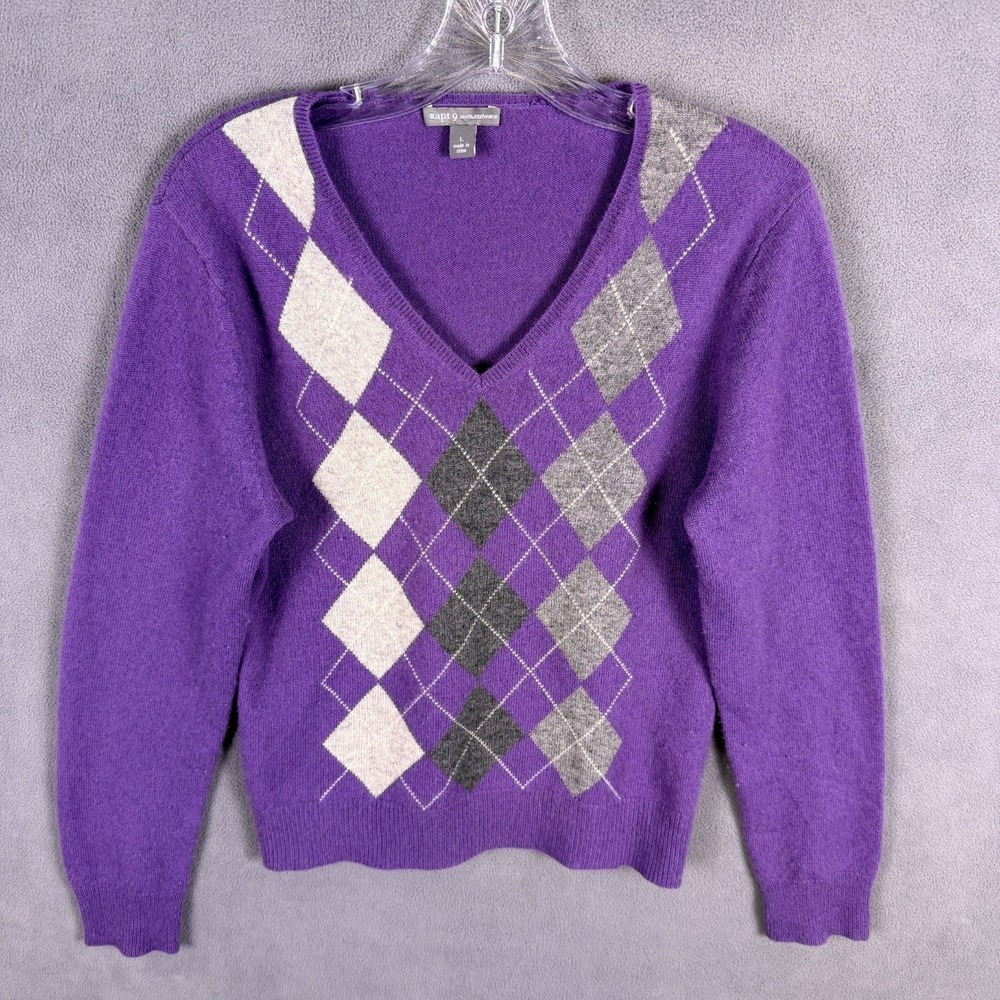 Apt 9 Womens Sweater Sz L 100% Cashmere Argyle Chic Luxe Academia Books